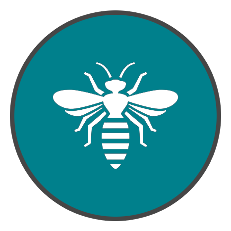 由滅蟲公司設計的，一個白色蜜蜂圖示出現在藍色綠色的圓形中。