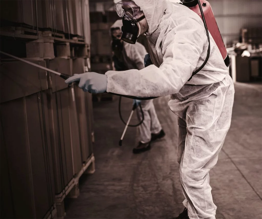 一名滅蟲公司的專家穿著白色防護服在倉庫進行滅白蟻服務。