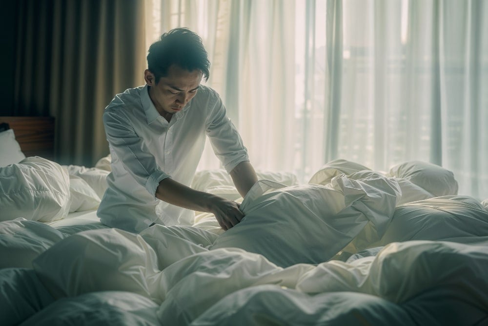 傷口蟲咬分辨相關畫面，示意檢查床鋪和被鋪以排查床蝨等家居蟲患來源。