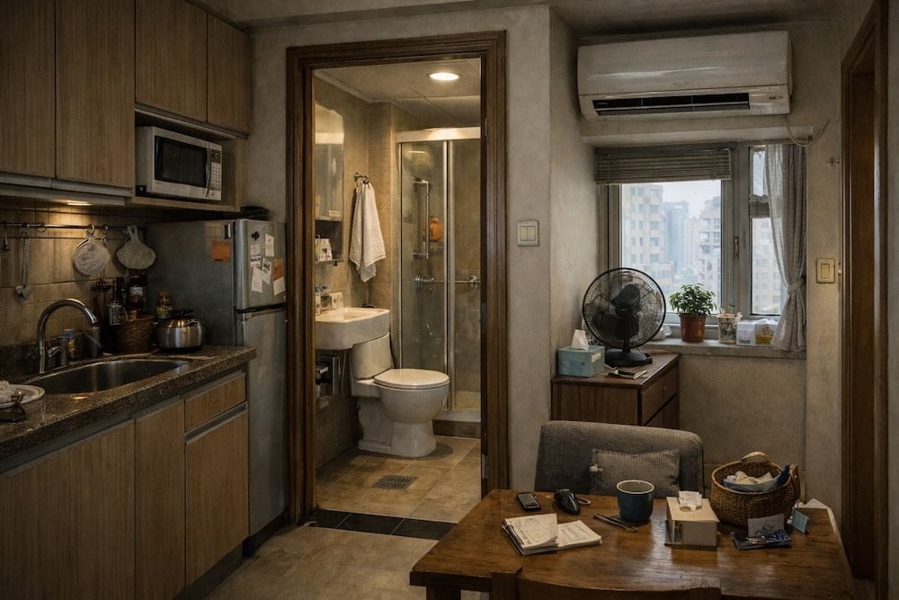 香港住宅常見家居滅蟲高風險位置示意，包括廚房、浴室去水位及冷氣機位，反映高密度居住環境的蟲害隱藏風險