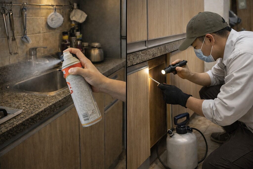 一人在廚房噴灑殺蟲劑,另一人戴手套和口罩,用手電筒及家居滅蟲工具檢查櫥櫃底部.
