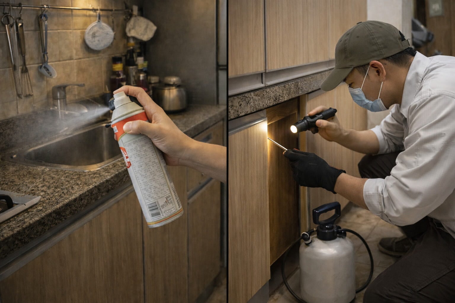 一人在廚房噴灑殺蟲劑,另一人戴手套和口罩,用手電筒及家居滅蟲工具檢查櫥櫃底部.