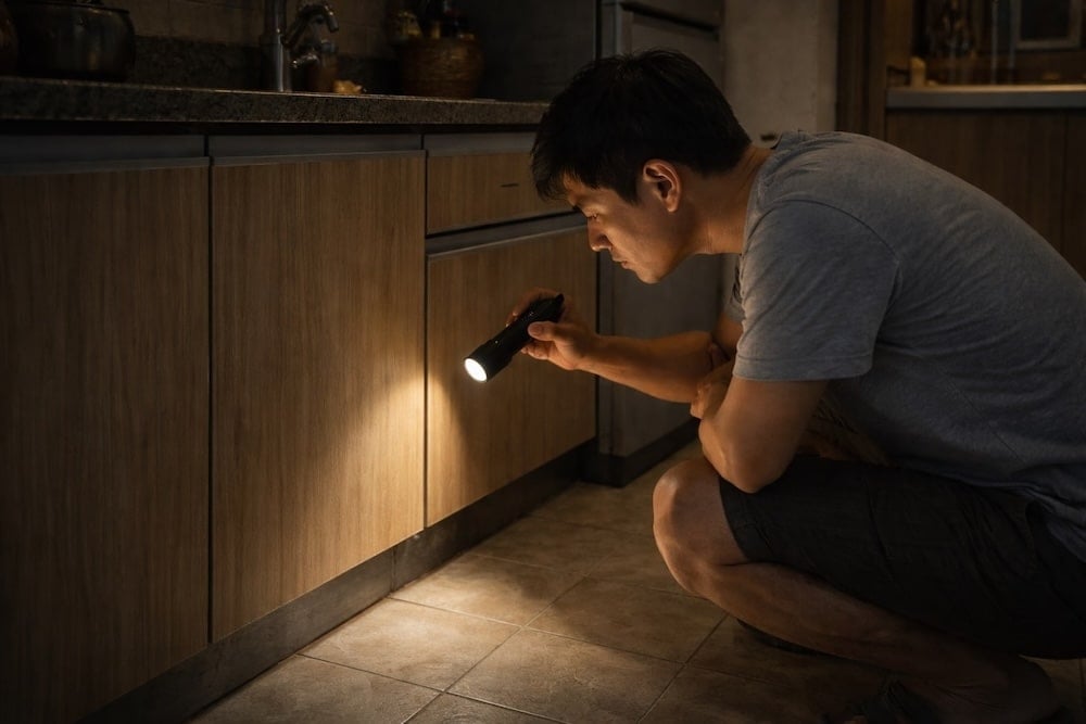 家居滅蟲觀察情境：住戶於夜間以電筒檢查廚房櫥櫃底部，辨識曱甴等害蟲活動跡象