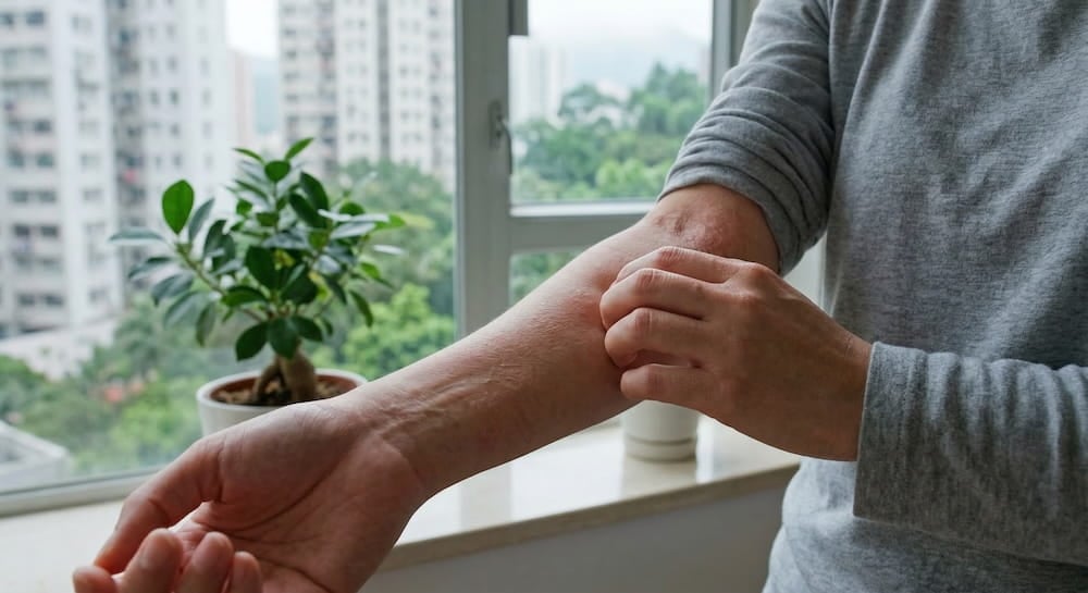 穿灰色上衣的人因不明原因皮膚痕癢抓右前臂，窗邊擺有盆栽，疑似受香港常見害蟲叮咬.