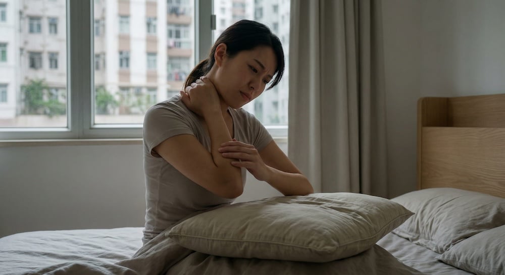 不少人在看枕頭推薦時只留意軟硬，但若枕頭高度或承托不足，便可能像圖中一樣引致肩頸不適。