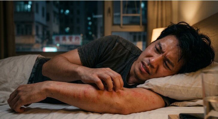 夜晚男子躺在床上抓癢紅疹前臂，顯示蚊蟲叮咬困擾，需使用房間驅蚊或其他防蚊方法改善睡眠環境