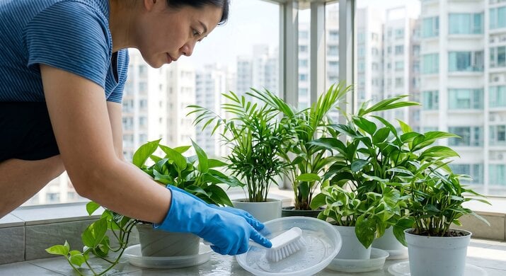 香港住宅露台女士戴手套用刷子清洗盆栽底盤積水，防止蚊子滋生，是最根本的房間驅蚊方法之一。