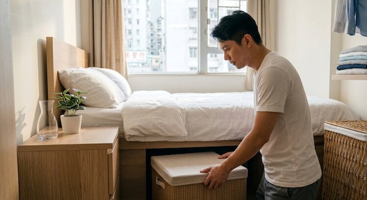一名男子在整齊臥室內將收納籃放入床下，自然光映照，有助房間驅蚊及提升環境改善效果。.
