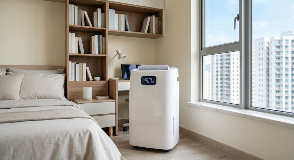 數碼一部顯示為50%的便攜冷氣機放在現代整潔臥室窗旁，有書架和床，有助家居書蟲防治.