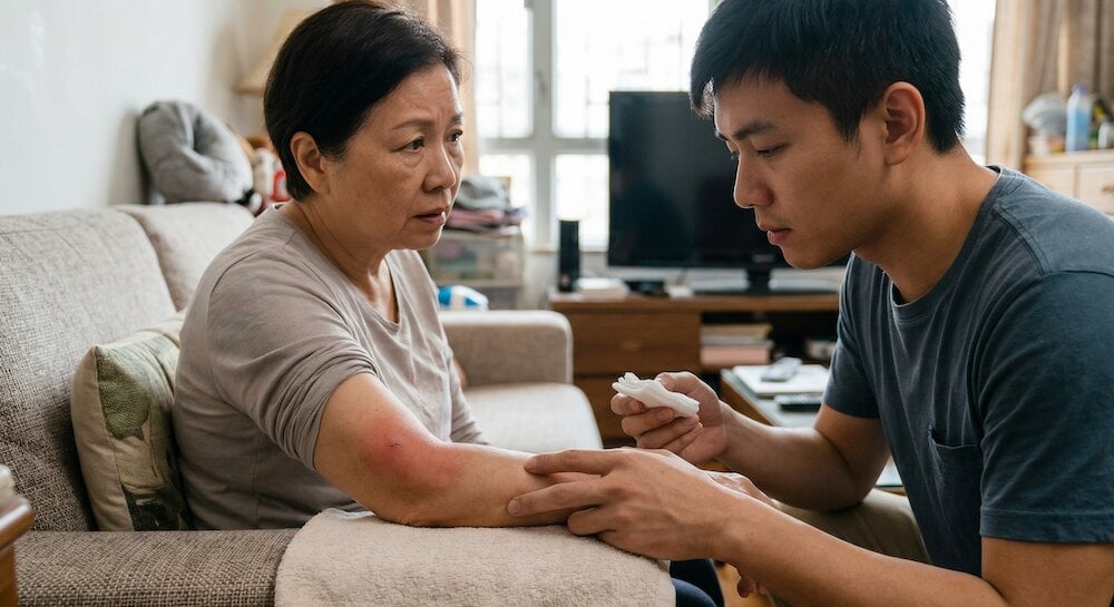 蜜蜂入屋預兆延伸風險示意，住戶在家中為被蜂螫傷的長者作初步處理，說明蜜蜂或黃蜂入屋後的安全關注。