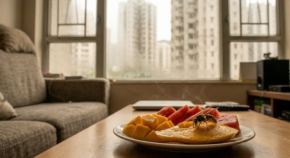 香港客廳木桌上有切片芒果西瓜，有蒼蠅停在芒果上，窗外見高樓，是常見家居蟲害情況.
