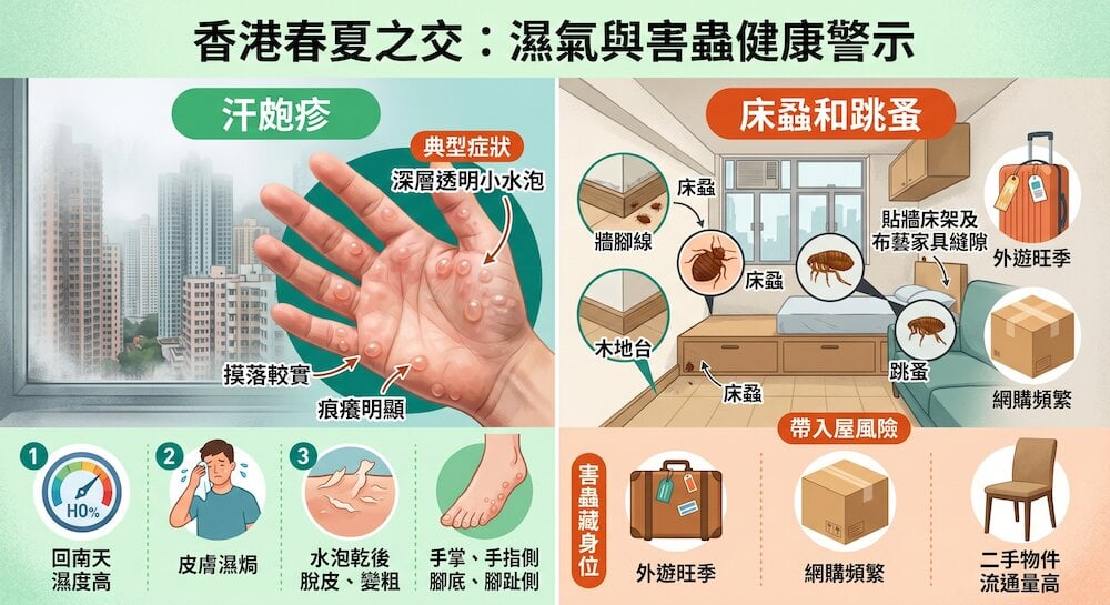 香港春夏之交濕熱天氣下，汗皰疹與床蝨、跳蚤風險對比資訊圖，展示汗皰疹常見於手掌、手指側與腳底的深層透明小水泡，以及外遊、網購、二手物件帶來的害蟲入屋風險