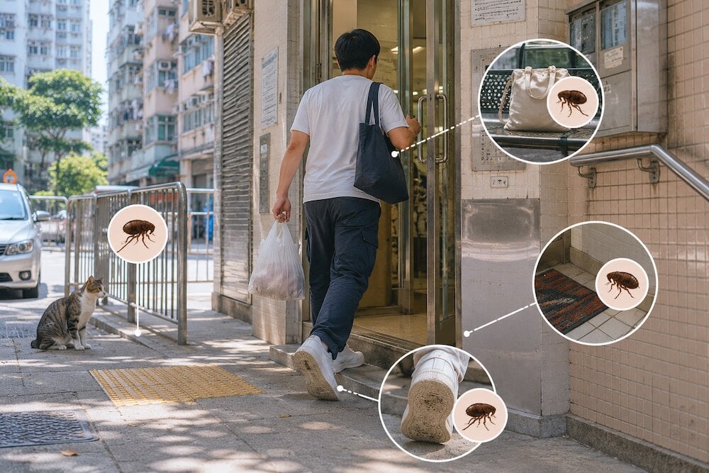 香港舊樓門口家居場景示意圖，說明跳蚤可經鞋底、袋子及大廈公共空間帶入屋，提醒皮膚痕癢未必只是汗皰疹，亦可能與家居蟲患有關