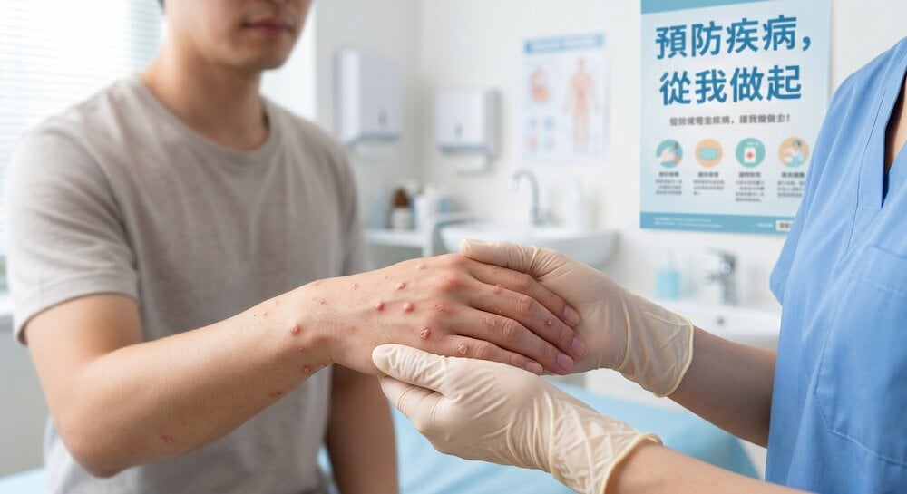 香港診所內,醫護人員戴手套檢查患者手上疑似汗皰疹的紅色水泡,背景有中文健康公告。.