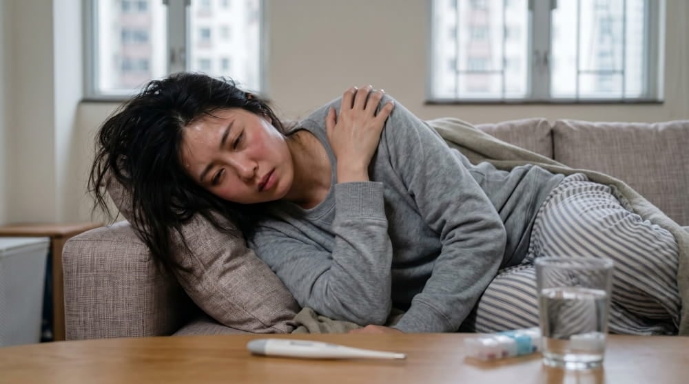 一名穿著睡衣的女士在香港家居沙發上抱肩不適，桌上有體溫計、藥物和水杯，突顯漢坦病毒與防鼠措施的重要性.