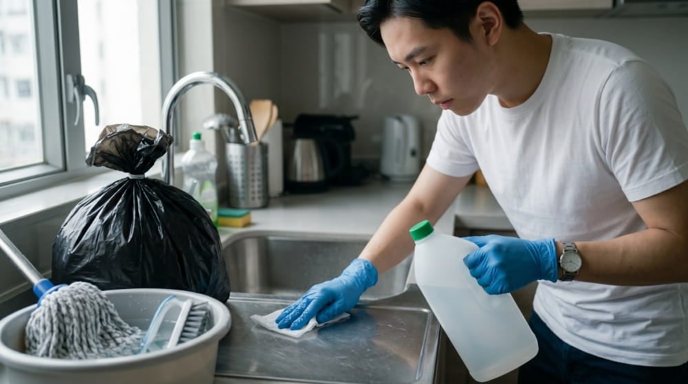 戴一位手套的人正在以噴霧瓶和抹布清潔廚房檯面，執行香港家居防鼠措施，旁有拖把、水桶及垃圾袋.