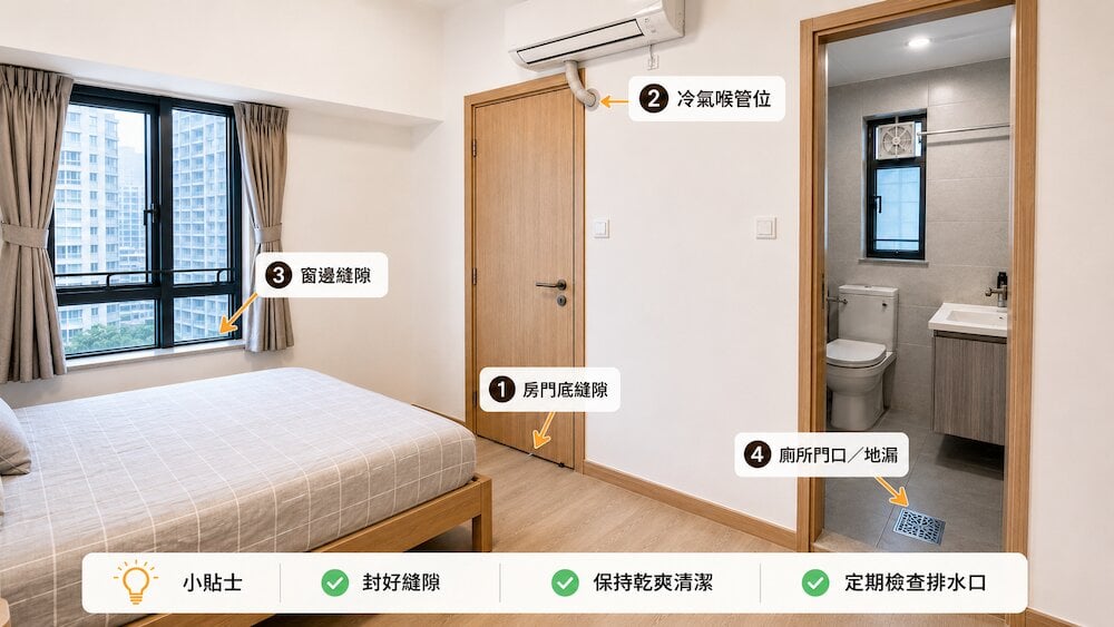 防止蟑螂進入房間的香港睡房示意圖，標示房門底縫隙、冷氣喉管位、窗邊縫隙及廁所門口／地漏等曱甴入房常見路徑。
