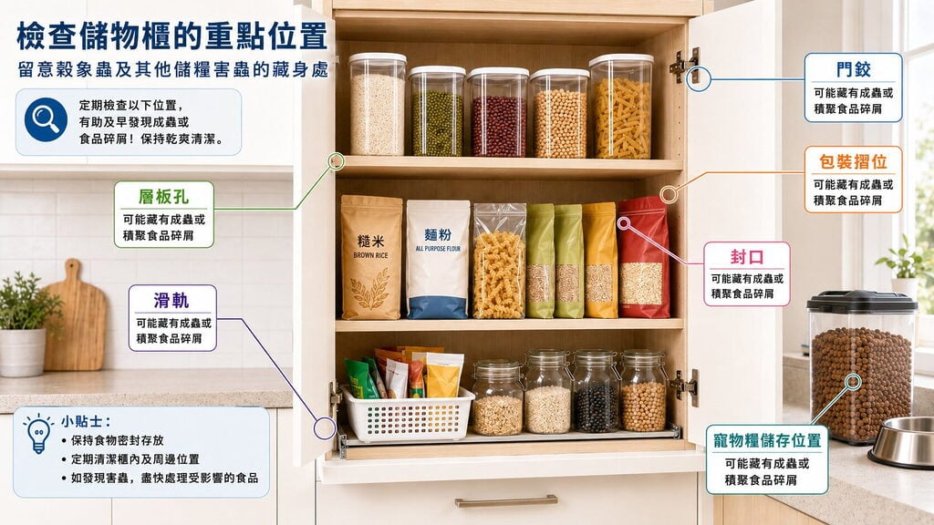 香港住宅廚櫃的穀牛檢查重點，標示門鉸、層板孔、滑軌、包裝摺位、封口及寵物糧等儲糧害蟲藏身位置。