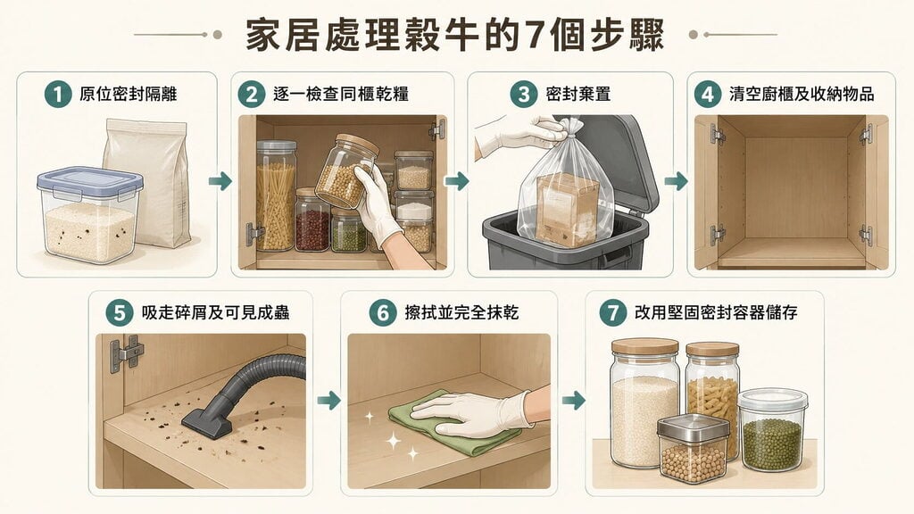 插圖展示了在家中儲存穀物的七個步驟，包括分類、密封保存、清潔儲物架、吸塵、擦拭，以及整理存放容器，能有效預防穀蟲入侵，適合香港家庭防治穀蟲問題。