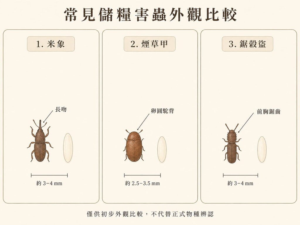 香港常見倉儲害蟲對比圖，包含穀牛、煙草甲蟲及鋸齒谷甲的圖片，並標示其體型及卵的特徵，有助於了解倉儲害蟲的防治方法。.