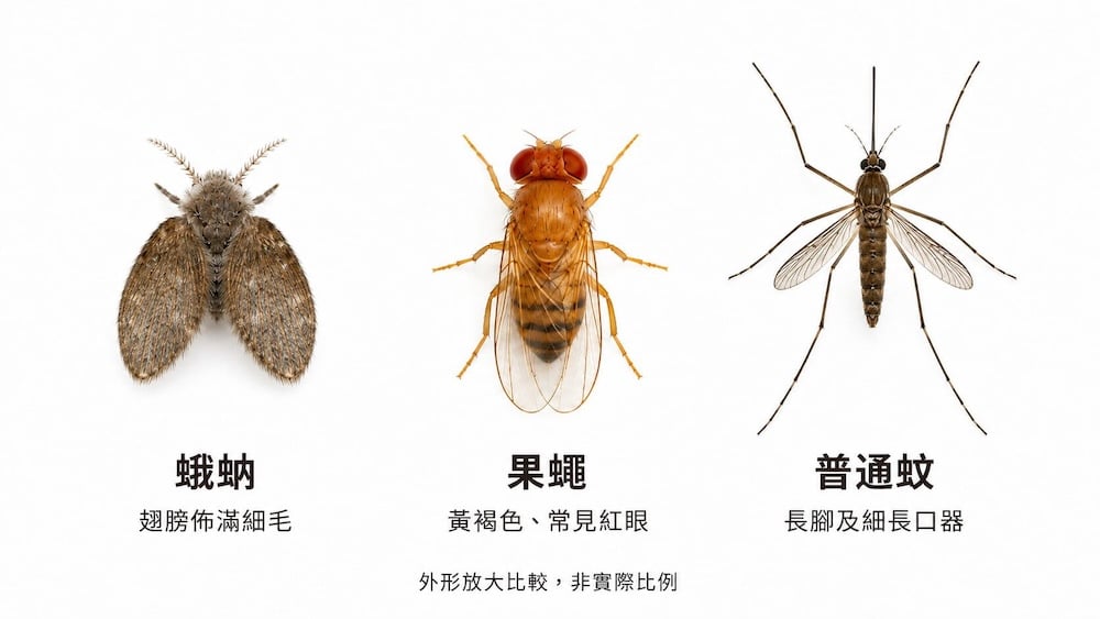 三種常見的家居害蟲並排展示：一隻翅膀帶有絨毛的蛾蚋（俗稱廁所蚊）、一隻紅眼果蠅，以及一隻長腿細身的普通蚊，畫面標註了中文名稱，有助於香港的滅蟲人員進行辨識。.