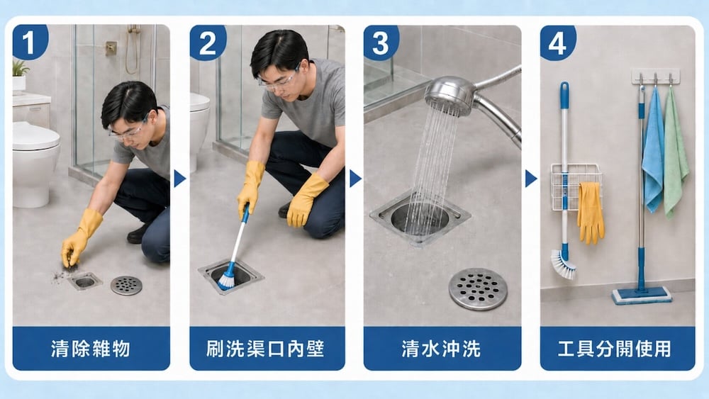 四步驟排水口清潔流程：清除雜物、用刷子刷洗排水渠、預防廁所蚊蟲及蛾蚋滋生、以清水沖洗，並將清潔工具分開存放。圖片中顯示一名戴著黃色手套的人在浴室示範正確的排水口清潔方法。.