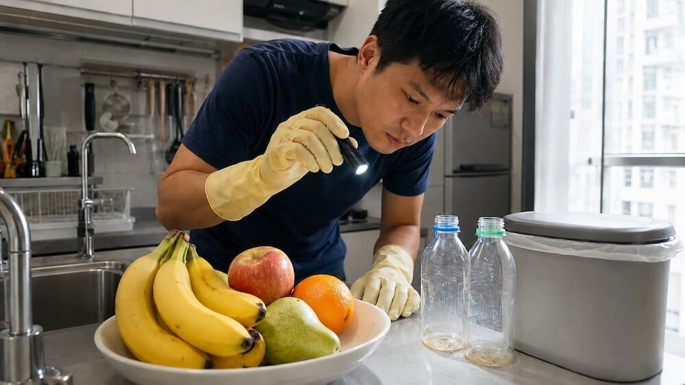 一位戴著手套的人在廚房用手電筒檢查空塑膠瓶,旁邊擺放著一碗水果和垃圾桶,仔細搜尋是否有果蠅出現的跡象.