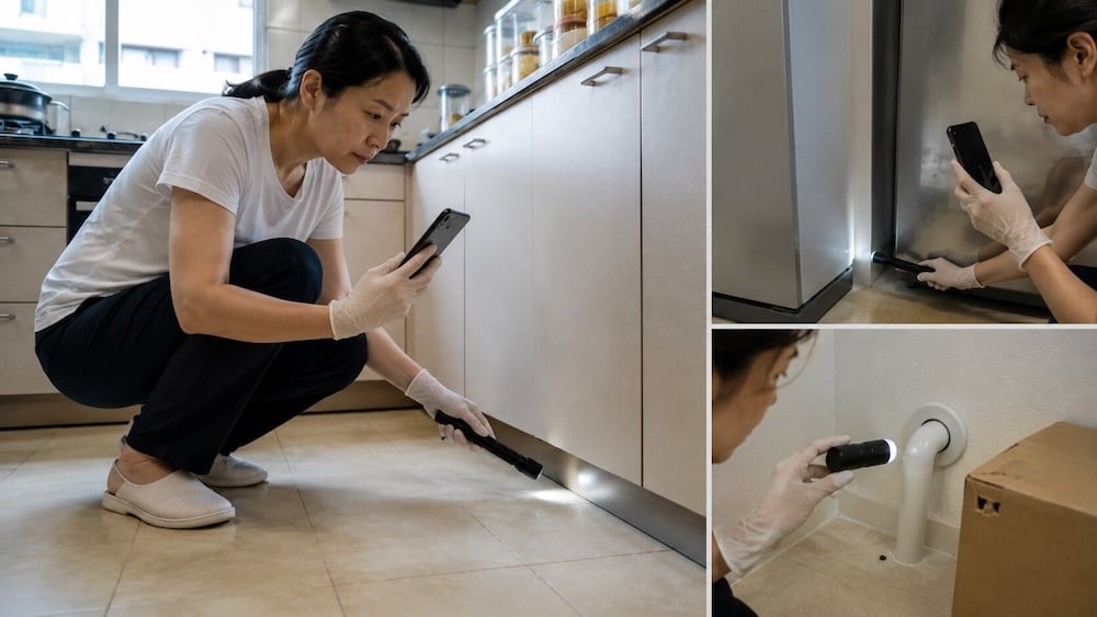 一位戴著手套的女士手持手電筒和手機,仔細檢查廚房電器及水管底部,尋找害蟲、問題或老鼠屎的蹤跡。.
