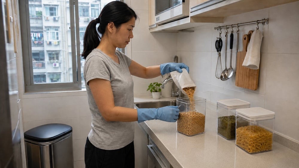 一位戴著手套的女士在廚房裡,將乾鷹嘴豆從袋中倒入透明儲存容器,仔細檢查豆類中是否有老鼠屎,以防止鼠患問題.