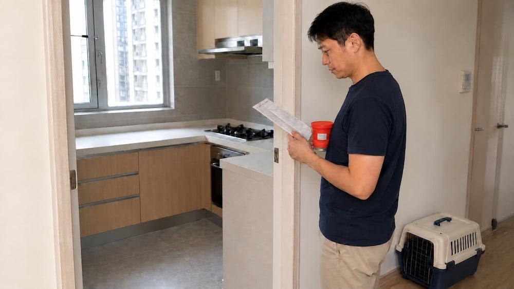 使用曱甴煙霧彈前,住戶在已清空食物及餐具的香港廚房門外閱讀產品標籤。