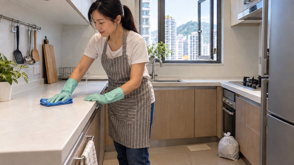 一位戴著手套、繫著圍裙的女士正用藍色抹布擦拭廚房檯面,在使用蟑螂煙霧彈防治蟑螂等害蟲後,確保每個角落都一塵不染。廚房環境整潔明亮、現代化,設有窗戶及盆栽。.